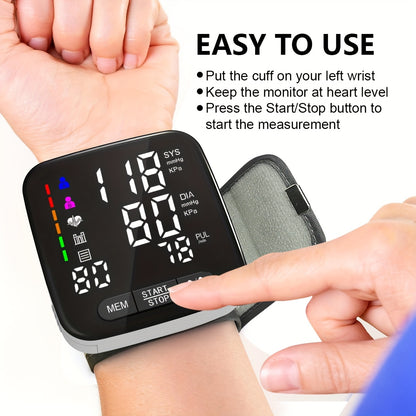 (Batteries not included) Home Wrist Sphygmomanometer, 5.3-8.4-inch Adult Wrist Blood Pressure Cuff, Large Backlit Display, Arrhythmia Detector, 2x90 Memory Readings