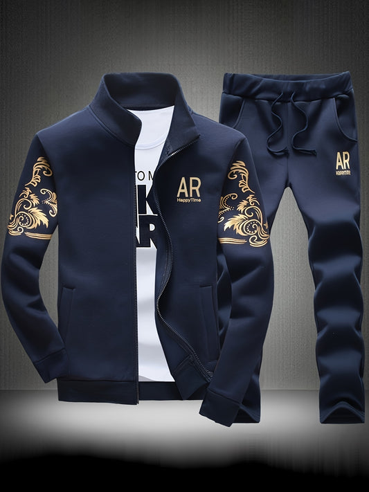 2-Piece Breathable Comfy Men's Casual Outfit, Fashion Printed Full Zip Jacket & Drawstring Pants Sports Set