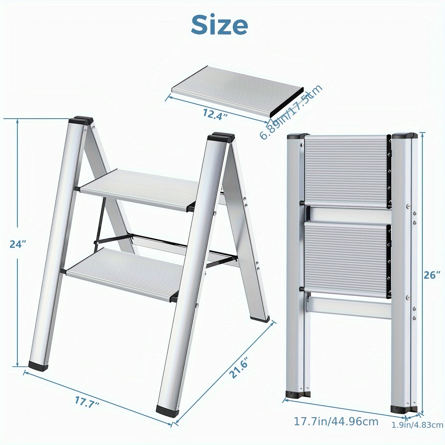 2 Step Folding Ladder Lightweight Aluminium Step Stools For Adults, Portable Stepladder Non-Slip Step Stool For Household Office Home Kitchen, Holds Up To 150KG 330 Lbs Lightweight Aluminium Step Stools With Anti-Slip Wide Pedal (Sliver)