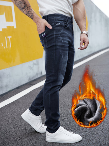 Men's Slim Fit Straight Leg Denim Pants, Men's Thickened Fleece Lined Jeans, Versatile For Autumn & Winter