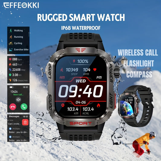 Effeokki Rugged Smart Watch for Men with Wireless Calling, 5.11 cm IPS Display, 100+ Sports Modes, Fitness Tracker, Altitude Air Pressure, Compass, LED Flashlight, IP68 Waterproof, for iPhone & for Android for Outdoor & Adventure