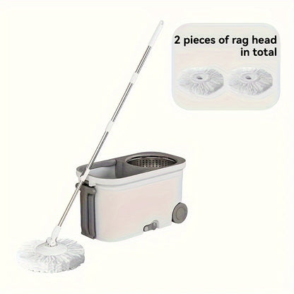 1 Set, Easy One-Handed Press Mop And Bucket Set With 2 Reusable Microfiber Pads, Dual Spinning Design For Efficient Drying, Household Cleaning Tool, No Electricity Needed For Living Room, Bedroom And Floor Cleaning, Cleaning Supplies