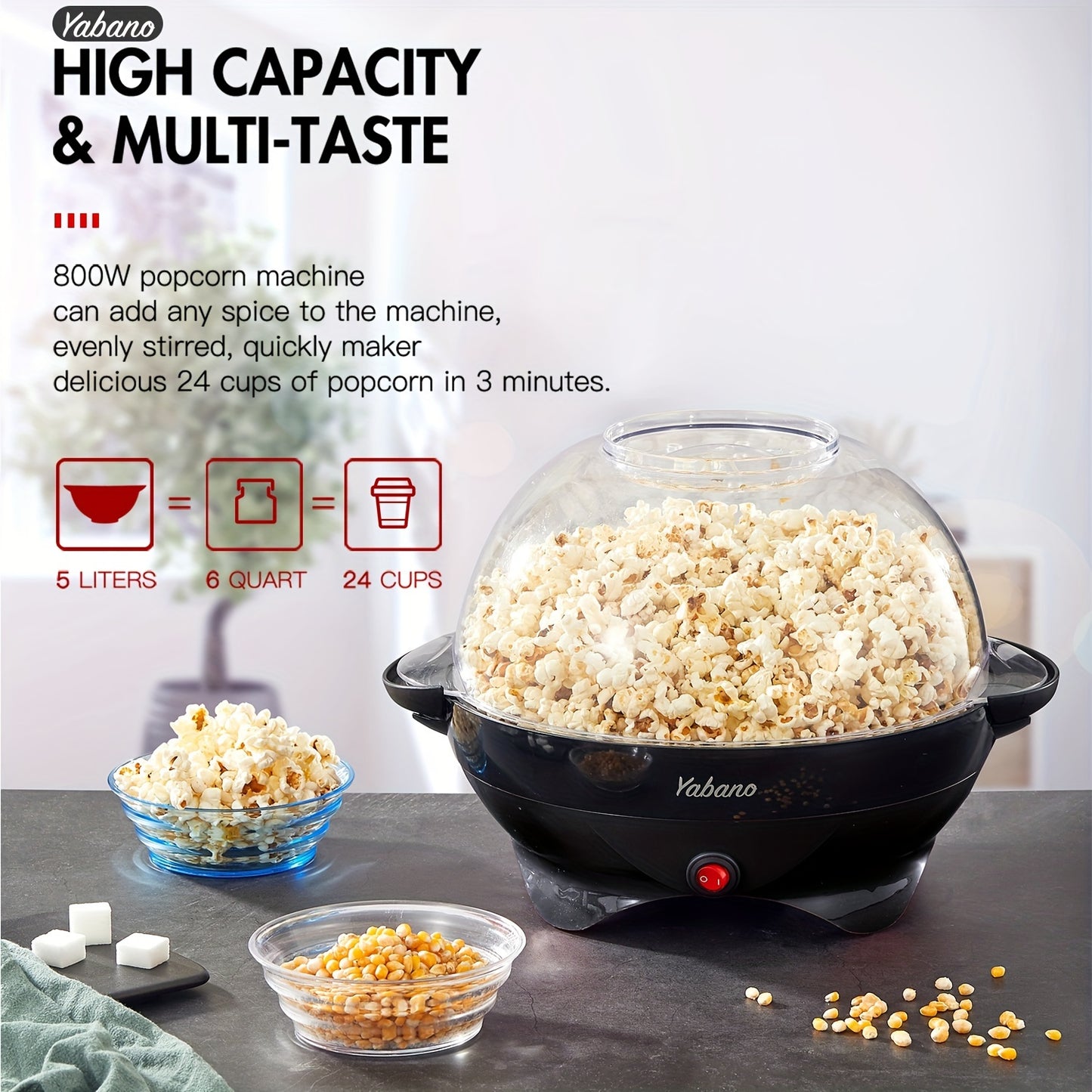 Yabano Popcorn Maker Machine, 5L Popcorn Popper, Nonstick Plate, Electric Stirring with Quick-Heat Technology, Cool Touch Handles, Healthy Less Fat, 800W, Kitchen Gadgets Gifts For Mom Or Dad