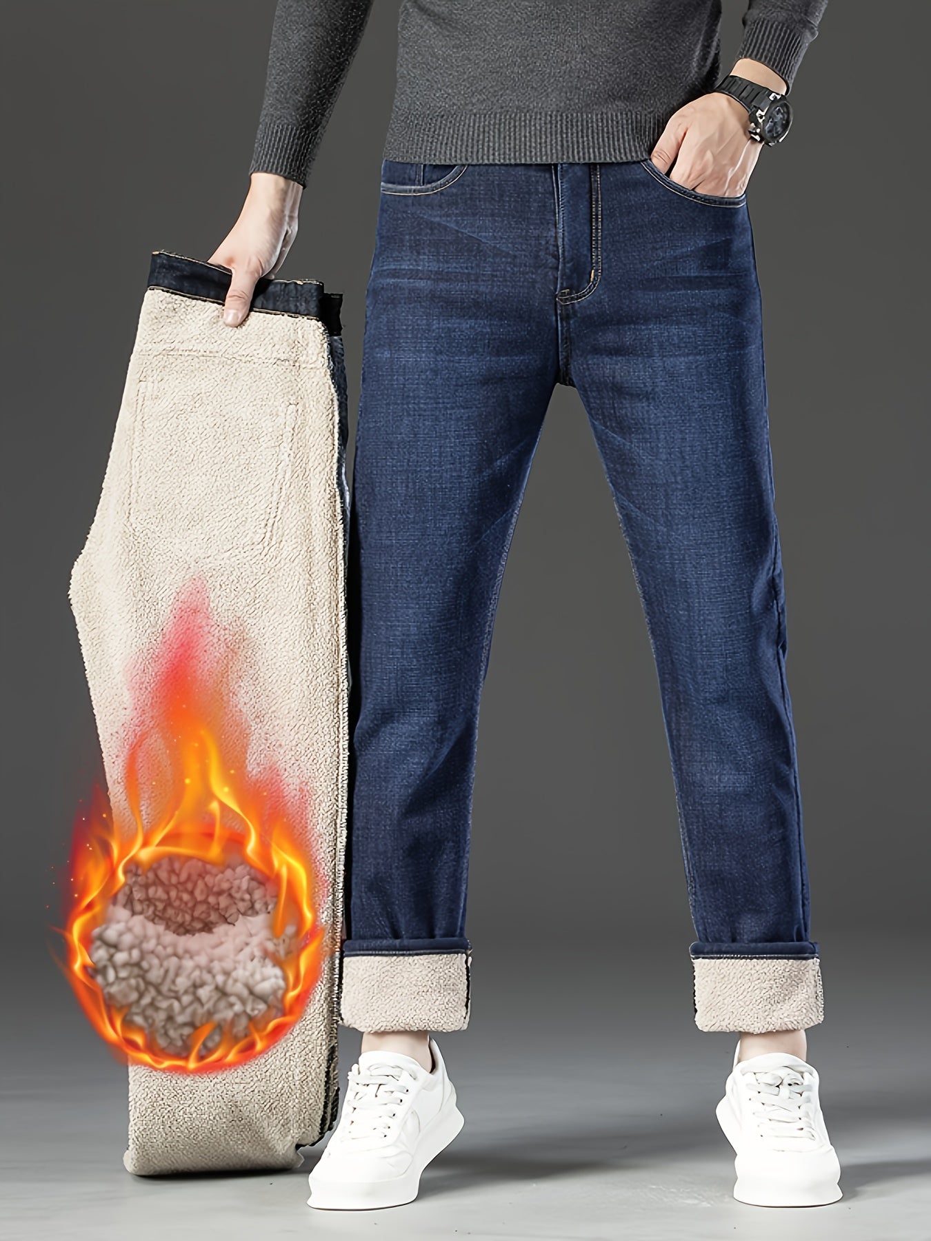 Men's Winter Warm Fleece-Lined Jeans, Thickened Stretch Straight-Leg Denim Pants