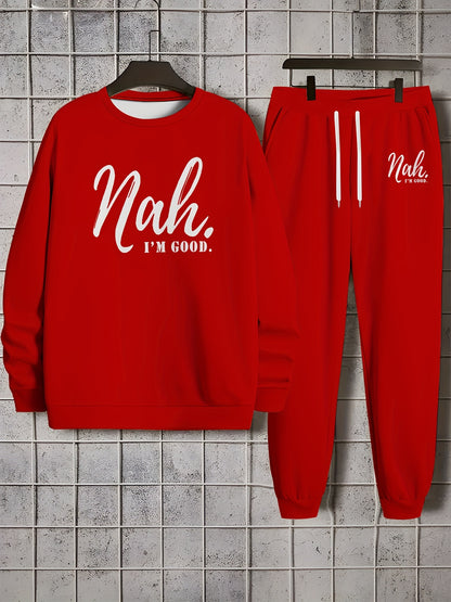 2-piece Set Nah Graphic Print Crew Neck Long Sleeve Sweatshirt & Drawstring Sweatpants Men's Outfit for Outdoor