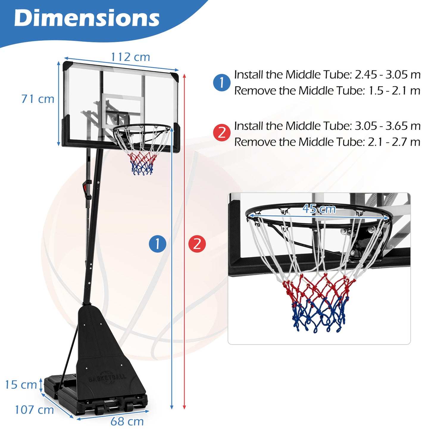 COSTWAY Portable Basketball Hoop, Height Adjustable Basketball Goal System Shatterproof Backboard, Basketball Rebounder, Outdoor