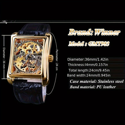 T-WINNER Luxury Men's Mechanical Watch - Retro Hollow Skeleton Design with Golden-Tone Finish, Square Dial, Faux Leather Strap, Non-