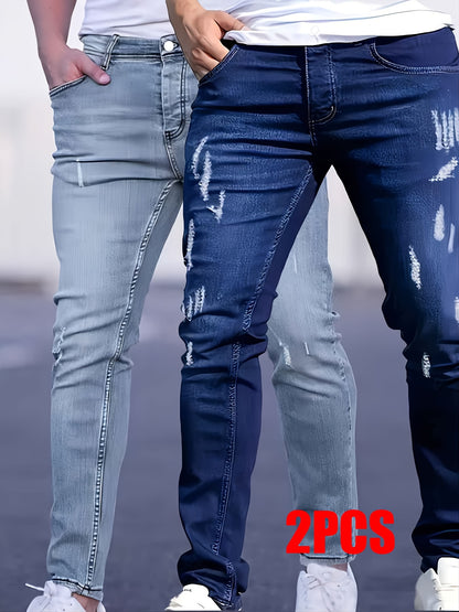 2pcs Men'S Casual Skinny Jeans, Stretch Denim, Solid Color, Washed Details, Regular Length, All-Season Woven Denim Pants