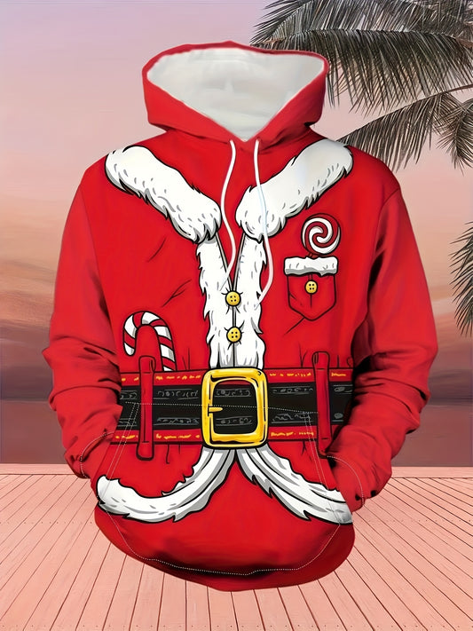 Men's Plus Size Christmas Hoodie - Santa Claus Cartoon Print, Casual & Comfy with Drawstring and Kangaroo Pocket, Perfect for Holiday Streetwear, PLUS SIZE