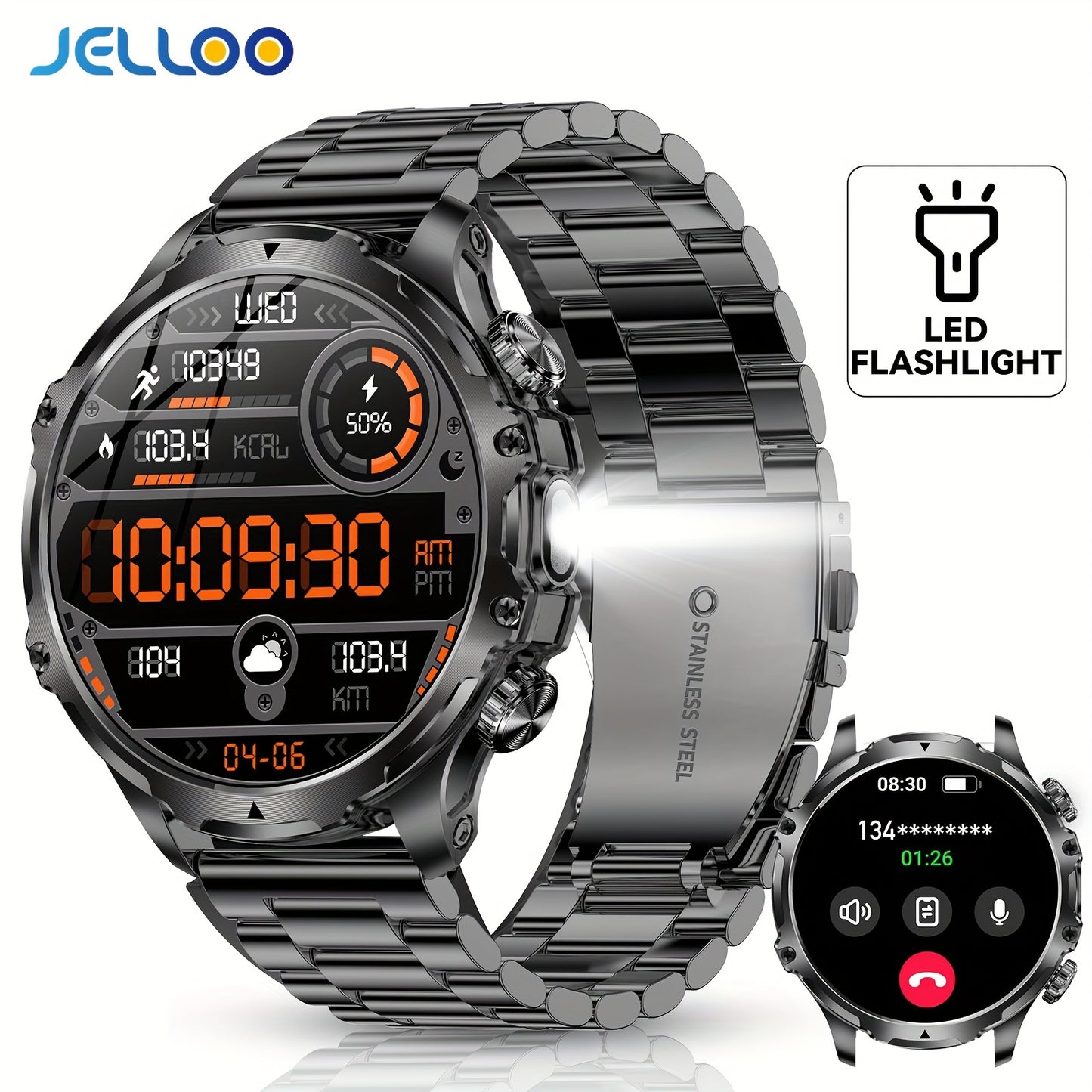 1pc JELLOO 2024 Sports Smart Watch with 800mAh Battery, 4.7cm HD TFT Display, Wireless Calling, LED Flashlight, Multiple Sports Modes, USB Charging, 360p Resolution, Stainless Steel Strap, Compatible with iPhone & Android, Ideal Gift for Men