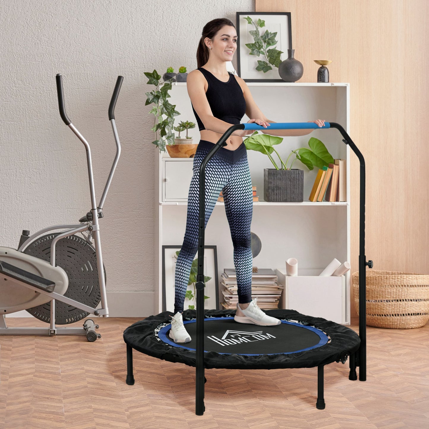 40" Foldable Mini Trampoline Fitness Trampoline Rebounder for Adults w/ Adjustable Foam Handle, for Indoors, Outdoors, Cardio Training