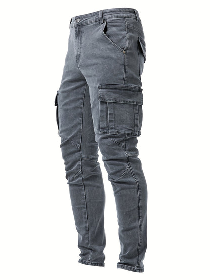 Men's Casual Multi Pocket Jeans, Chic Street Style High Stretch Cargo Denim Pants