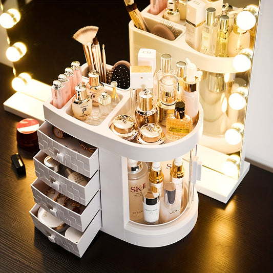 4 Drawers Makeup Cosmetics Organizer Case With Side Window, Women's Simple Style Cosmetic Display Case, White