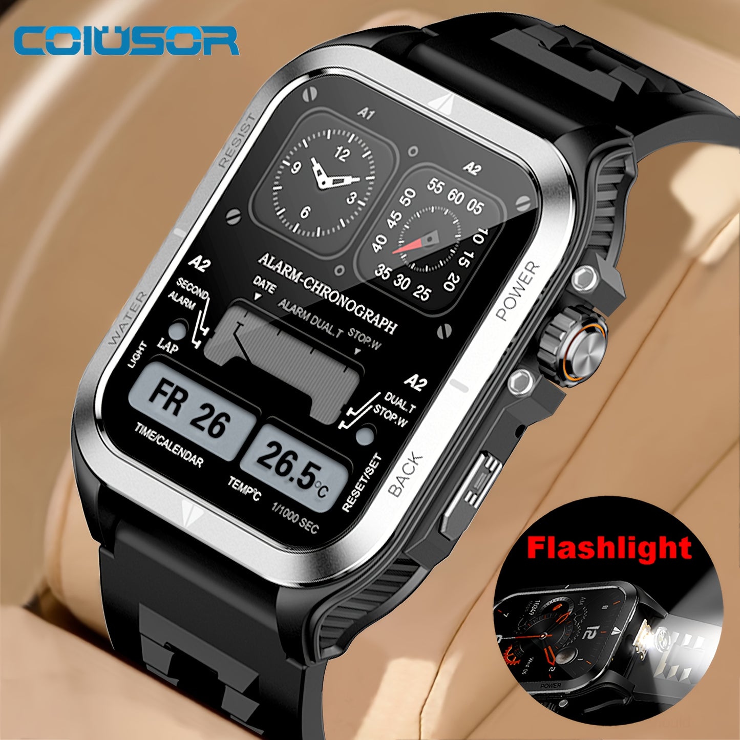 Coiusor Smart Watch, HD 240p Display, USB Charging, 36V Max Voltage, Wireless 5.0, TFT Screen, TPU Strap, 4.65 cm, Customizable Watch Faces, Music Player, Notifications, Sitting Reminder, Hydration Alert, Flashlight, Multifunctional for Men and Women