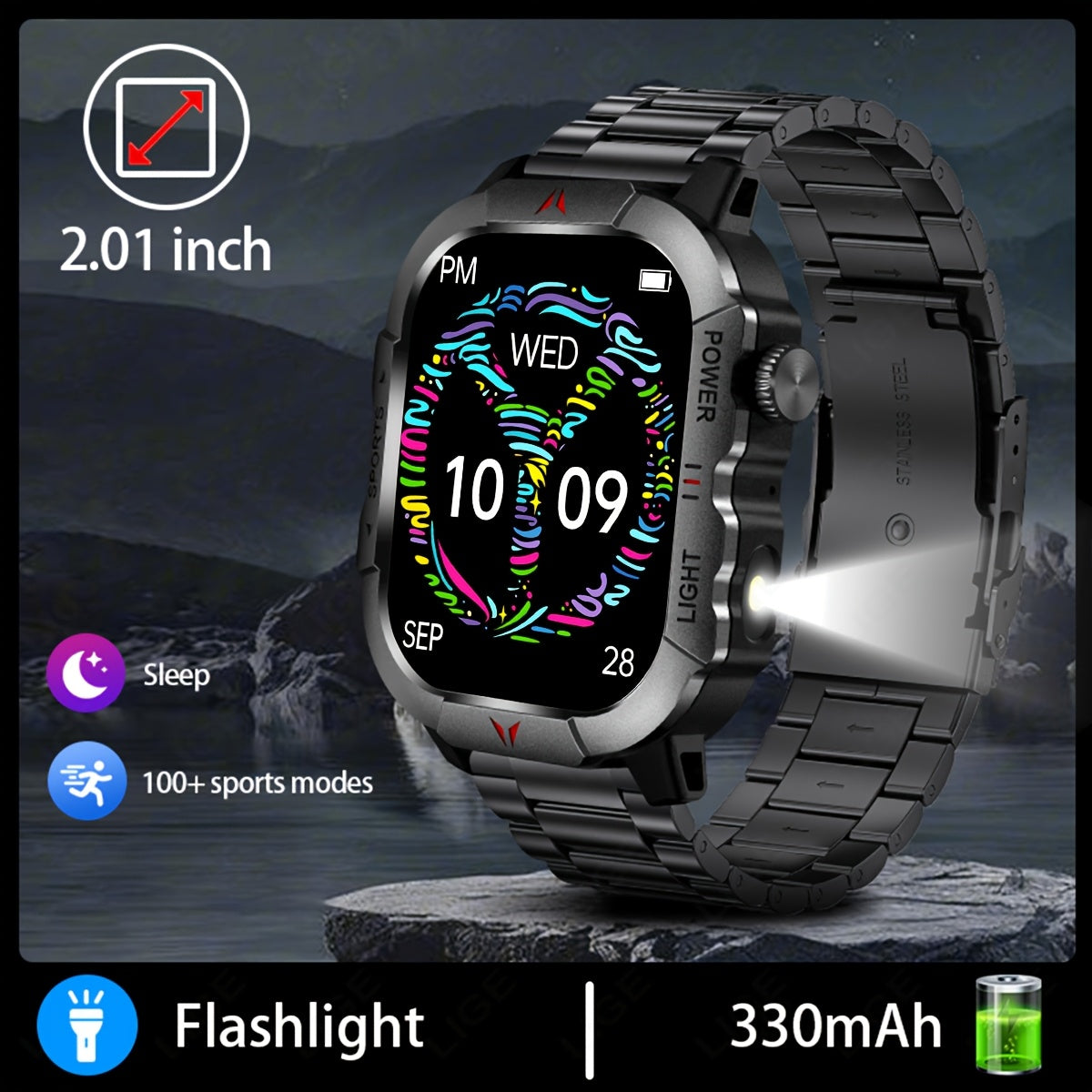 LIGE Smart Watch with Flashlight - Multi-Functional, Wireless Calling, Stainless Steel Band, Zinc Alloy Case, 330mAh Rechargeable Battery