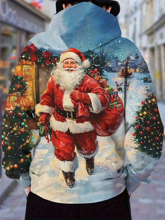 Men's Fashion Christmas Santa Print Hoodie | Casual Polyester 100% | 3D Graphic Pullover with Hood | Slight Stretch Knit Fabric | Regular Fit | Geometric Pattern | Winter Season Wear | Fabric Weight 220