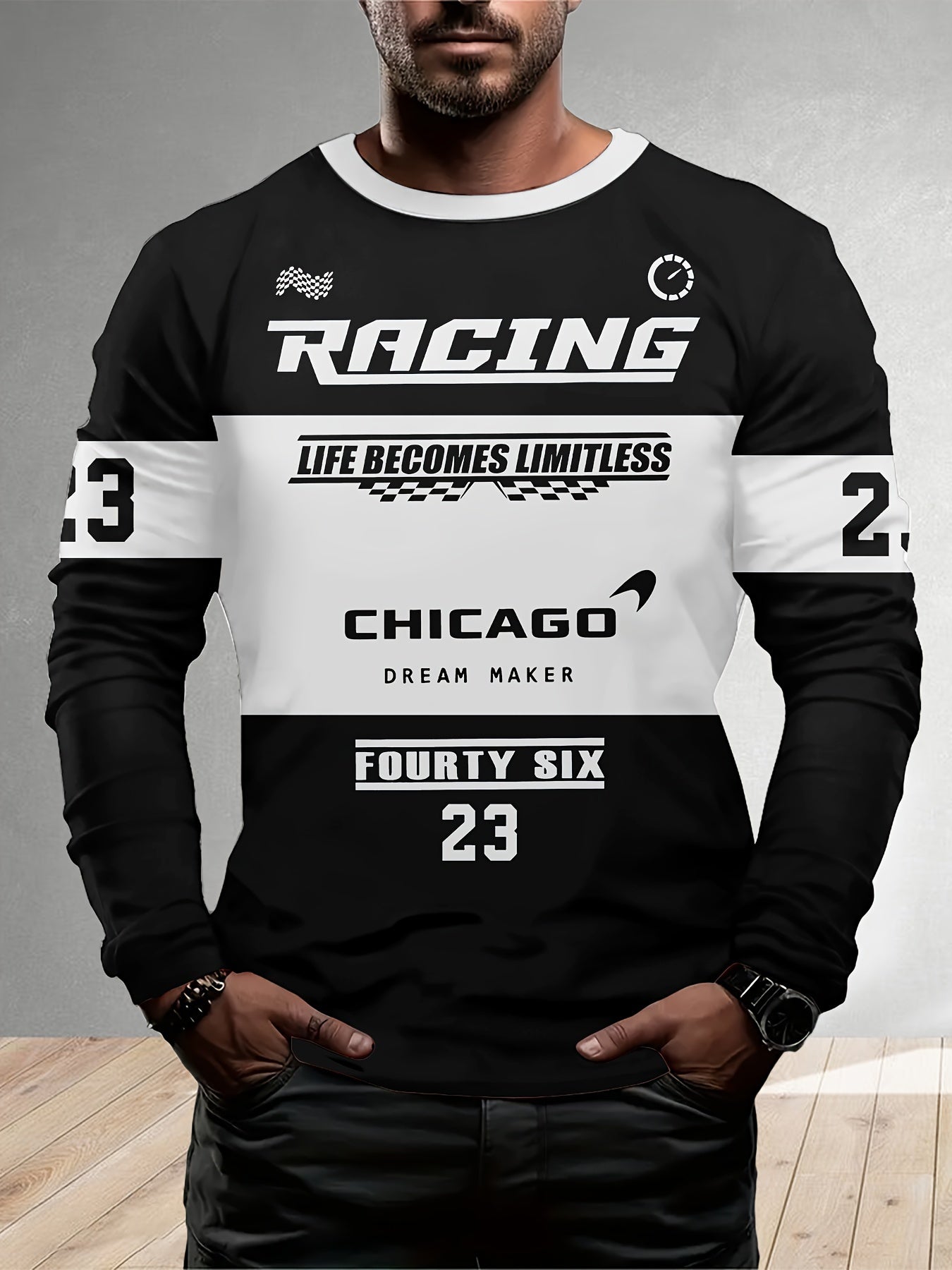 1pc Men'S Racing Themed Checkered Flag & Chicago Print Long Sleeve T-Shirt - Casual Round Neck, Polyester, Stretch Fit, Regular Sleeve, for Teens and Adults - Versatile for Outdoors, Leisure, and Novelty Occasions - Spring/Autumn Wear