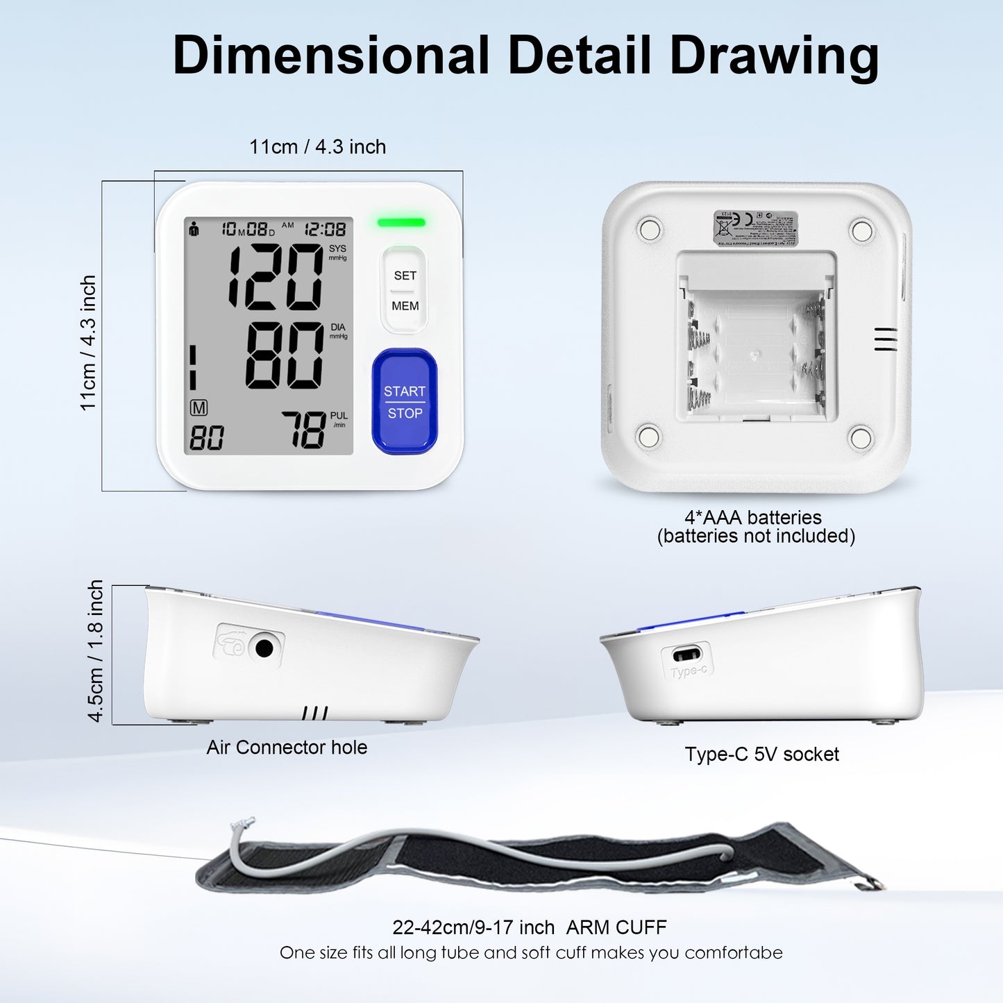 (Without Battery) Blood Pressure Monitor, Sphygmomanometer, Super Large Cuff Upper Arm, BP Cuff Automatic Upper Arm, With 22-42cm Wide Wide Cuff, 180 Sets Of Household Reading Memory, Indicator Light Prompt