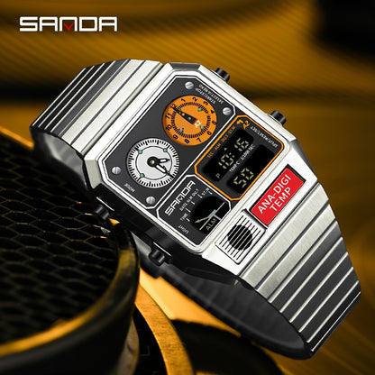 SANDA Men's Multi-Function Digital Watch - Waterproof, Stainless Steel Band, Dual Display, Stopwatch & Alarm, Water-Resistant to 50m, Fashionable Square Design