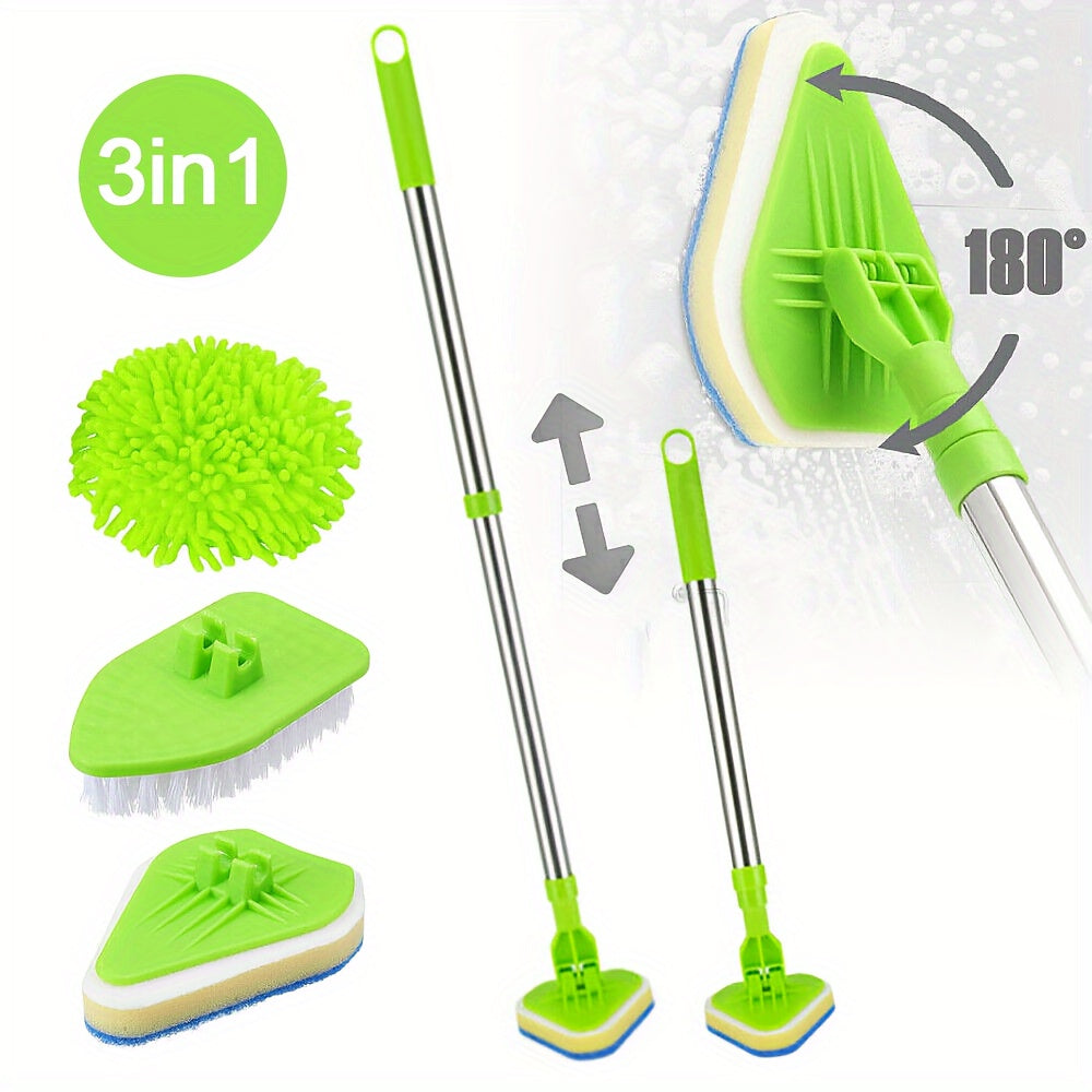 Green Bathroom Mop 3 Heads Set Bath Shower Tile Cleaning Kit Floor Scrubber 46-95cm Multifunctional Cleaner Tool