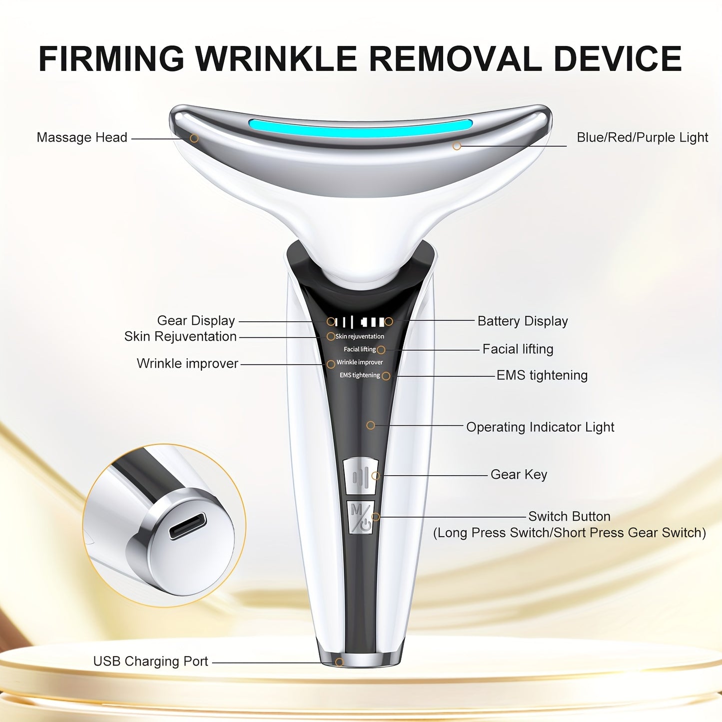 Galvanic Facial and Neck Lift Massager - Skin Rejuvenation and Care Tool - USB Rechargeable 600mAh Lithium Battery, 4-12V, Unscented with Easy Home Use for Youthful Beauty