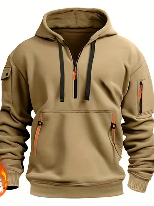 Men's Casual Fleece-Lined Hoodie with Multiple Zipper Pockets - V-Neck Pullover for Fall & Winter, Plus Size Available