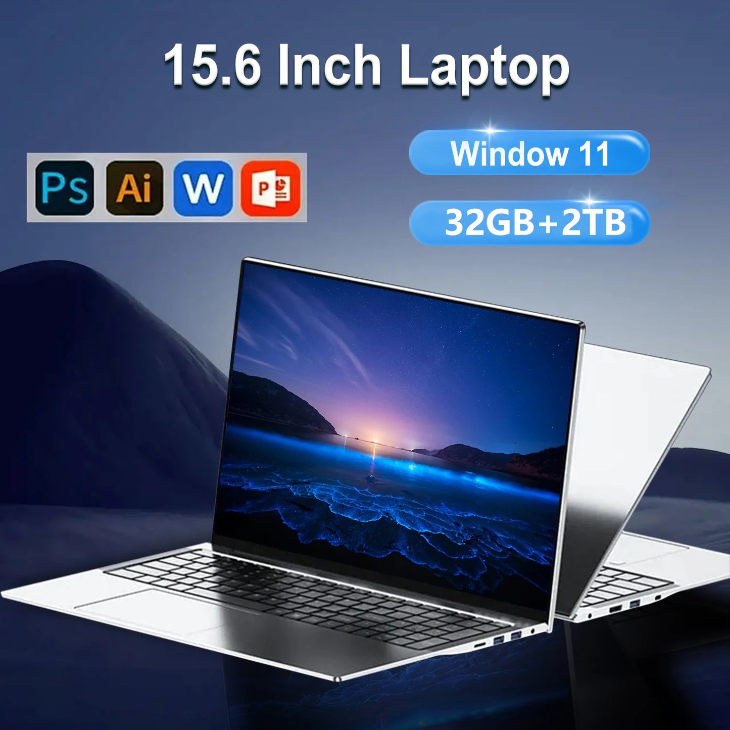 15.6 Inch Laptop 16GB Ram 2TB SSD Windows 11 Notebook Pc Gamer N95 Office Computer with Backlit Fingerprint Wifi Camera