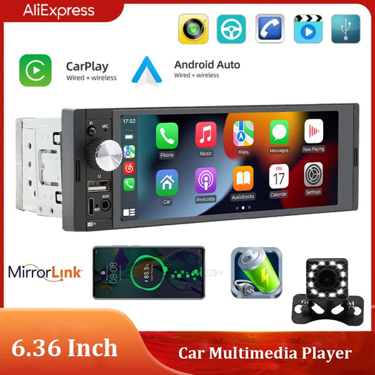 7-Inch Car Radio with Wireless CarPlay, Android Auto, 1DIN 6.36" Multimedia Player, Universal FM, MP5 Bluetooth Stereo