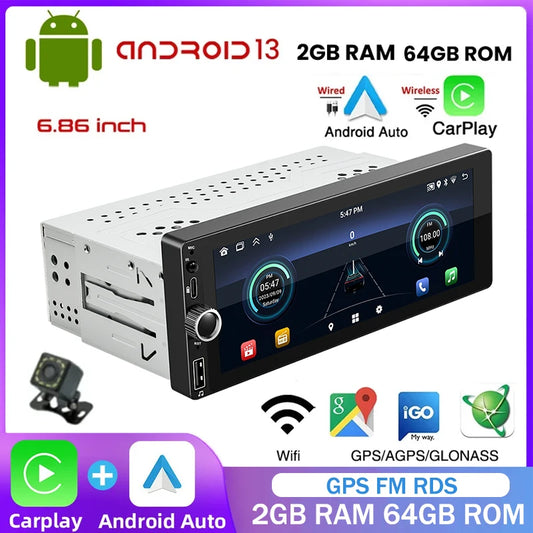 6.86" Android 1 Din Car Radio - Wireless CarPlay, Android Auto, WiFi, Bluetooth, Handsfree, GPS, FM/RDS, USB, IPS Display