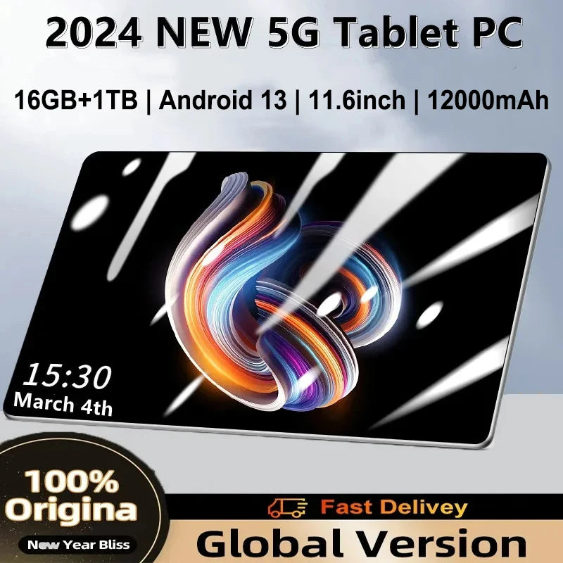 2024 NEW Original Tablet 11.6 Inch Android13 16GB Ram 1TB Rom Dual SIM 10 Core WPS GPS Bluetooth 5G Network Phone call Tablet PC