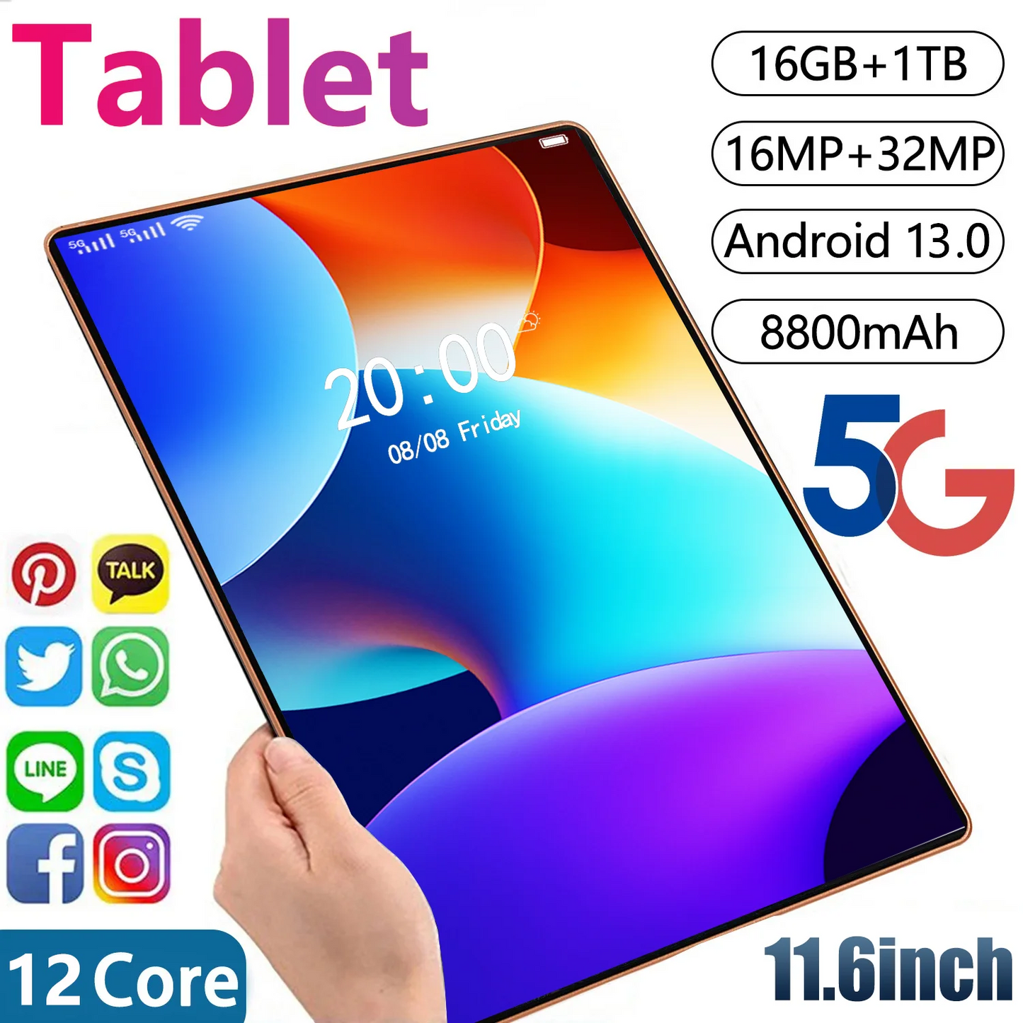 2024 New 5G Tablet 11.6 inch Android 13.0 Phablet MTK6797 16GB RAM 1TB ROM Tablet PC Dual Cameras Dual sim card Wifi Type-c