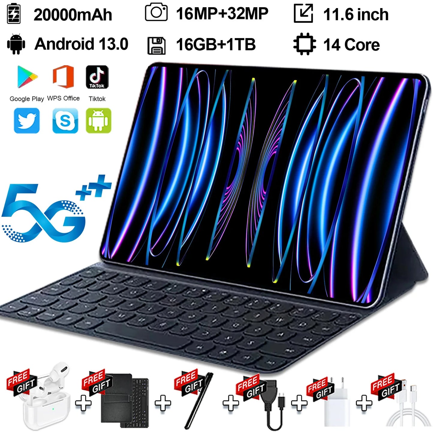 2024 5G New Android 13.0 Global Version 5K HD 11.6 Inch Tablet Android 16GB RAM 1TB ROM 20000mAh Network Bluetooth WIFI tablets