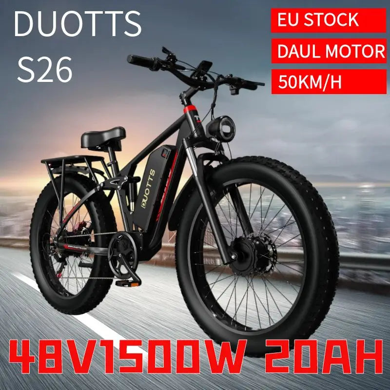 DUOTTS S26 E Bike 1500W Dual Motor 48V20AH Battery Snow Electric Bicycle Hydraulic shock 26*4.0 Fat Tire Electric Bike