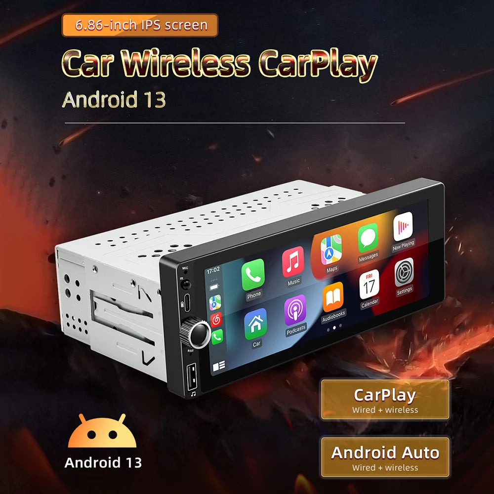 6.86" Android 1 Din Car Radio - Wireless CarPlay, Android Auto, WiFi, Bluetooth, Handsfree, GPS, FM/RDS, USB, IPS Display