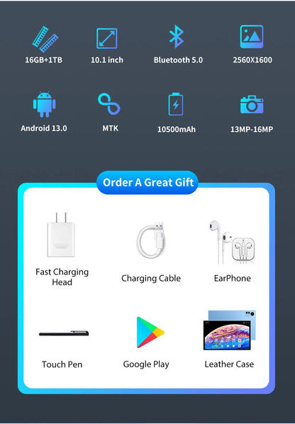 2024 New Arrival 10.1 11 12 13 Inch 10 Core Tablet Android 13 Google Play Dual 4G/5G Network Bluetooth WiFi Tablets 16GB RAM 1TB