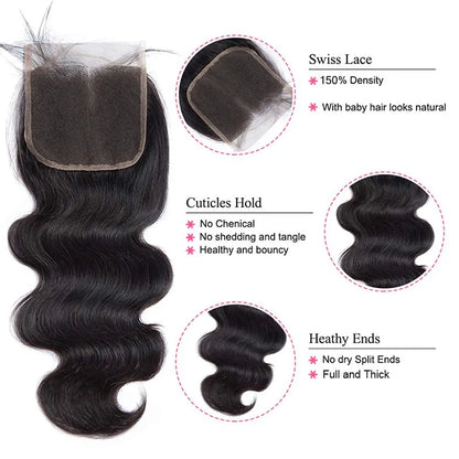 Body Wave Bundles with Closure 100% Unprocessed Brazilian Human Hair 3 Bundles with 4x4 Free Part HD Lace Closure Natural Color