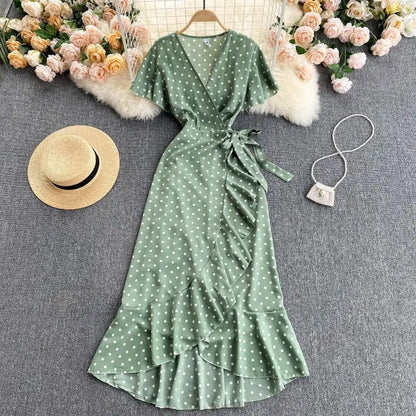 Croysier Summer Clothes Dresses For Women 2021 Elegant Vintage Ruffle Wrap Dress V Neck Short Sleeve Casual Polka Dot Midi Dress