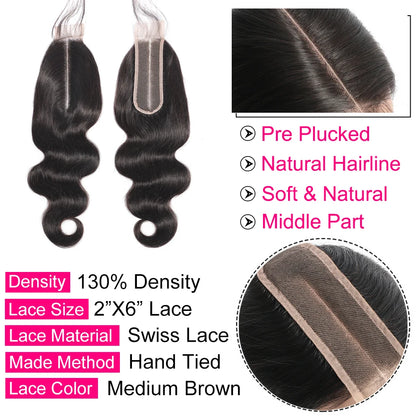 Gabrielle Middle Part Lace Closure 2x6 Brazilian Human Hair Straight Natural Color 100% Remy Hair Kim K Closure Free Shipping