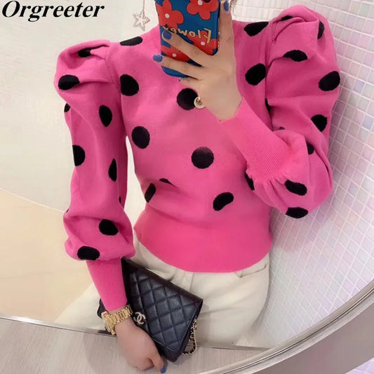 2021 Fall Winter New Design Round Neck Polka Dot Sweater Women Ruched Bubble sleeve Pullovers Female Fashion Jumper