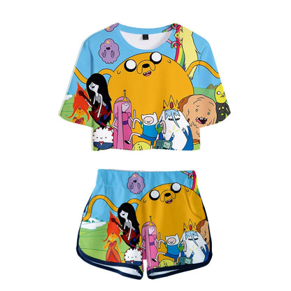 Finn And Jake The Dog Face Two Piece Set Summer Sexy Cotton T shirt Woman Shorts and Crop Top Fashion Tracksuit