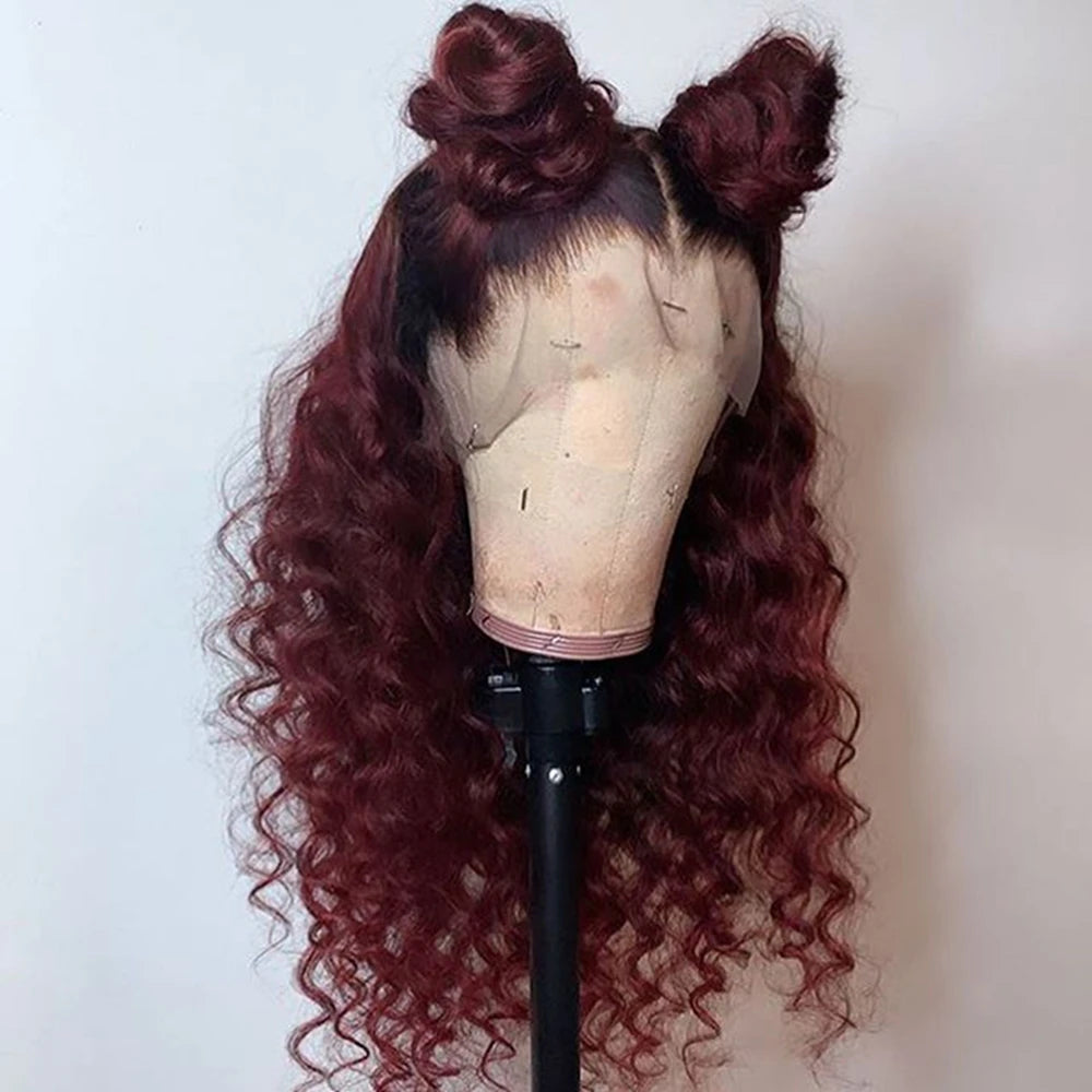 Ombre 99J Burgundy 360 Frontal Red Deep Wave 13x6 Lace Front Human Hair Wig Prepluck Curly Silk Base Full Lace Heradband U Part