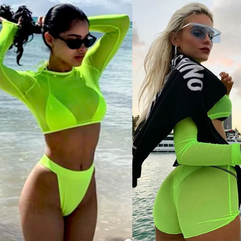 Women Beach Cover-Ups Sexy Solid Color O Neck Fishnet Mesh See Through Long Sleeves Top Swimsuit Beachwear