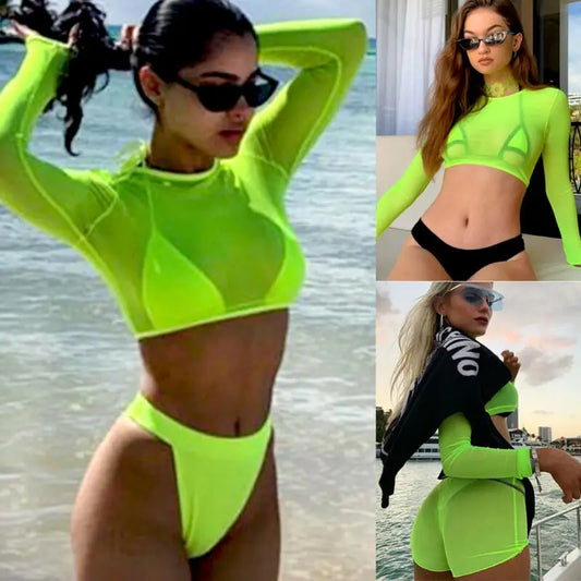 Women Beach Cover-Ups Sexy Solid Color O Neck Fishnet Mesh See Through Long Sleeves Top Swimsuit Beachwear