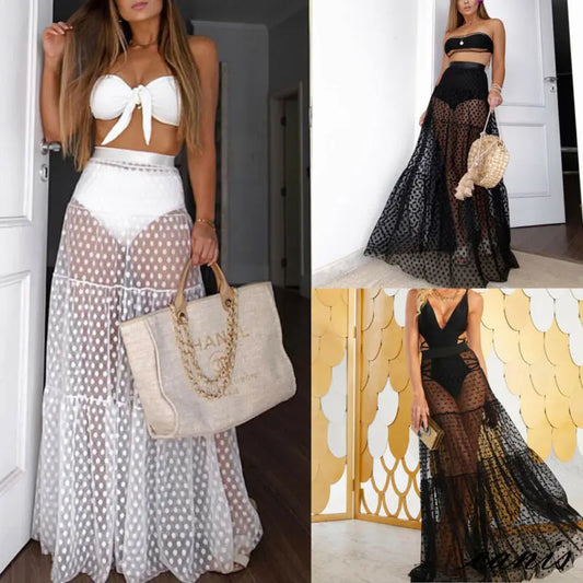 Sexy Women Mesh Sheer Dot Skirt High Waist See-through Long Skirt Ladies Summer Transparent Long Maxi Skirt Beachwear Cover-Ups