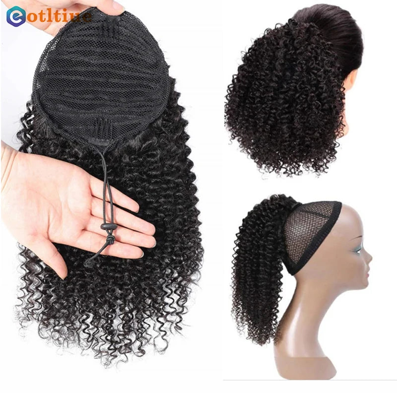 Kinky Curly Hair Extensions Drawstring Puff Ponytail Brazilian Real Human Hair Clip in Pony Tail African American Hair Extension