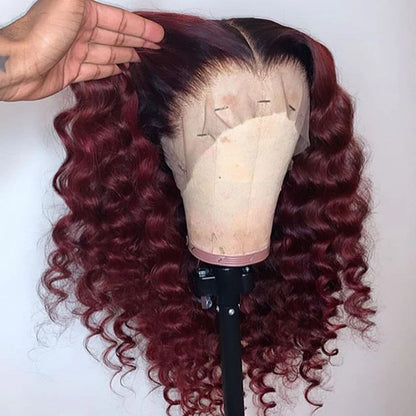 Ombre 99J Burgundy 360 Frontal Red Deep Wave 13x6 Lace Front Human Hair Wig Prepluck Curly Silk Base Full Lace Heradband U Part