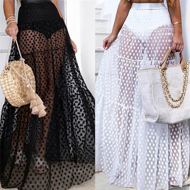 Sexy Women Mesh Sheer Dot Skirt High Waist See-through Long Skirt Ladies Summer Transparent Long Maxi Skirt Beachwear Cover-Ups