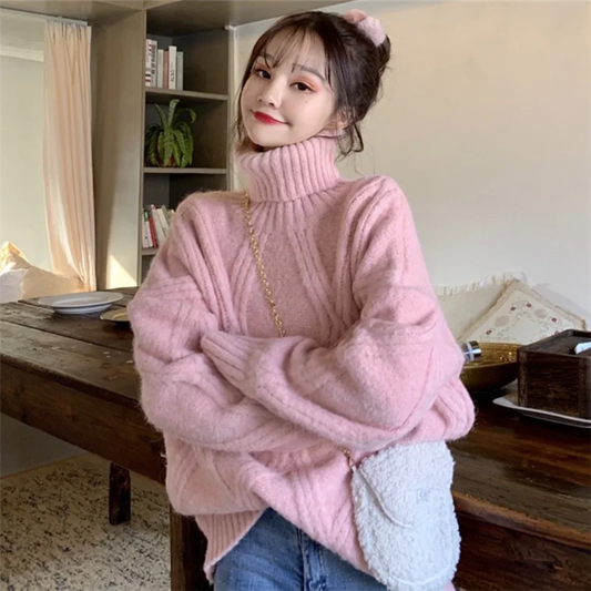 Turtleneck Knitted Sweater Women Solid Autumn Winter Korean Wild Sweet Female Pullovers Knitwear Loose Ladies Tops Tide H1679