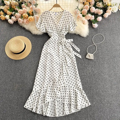 Croysier Summer Clothes Dresses For Women 2021 Elegant Vintage Ruffle Wrap Dress V Neck Short Sleeve Casual Polka Dot Midi Dress