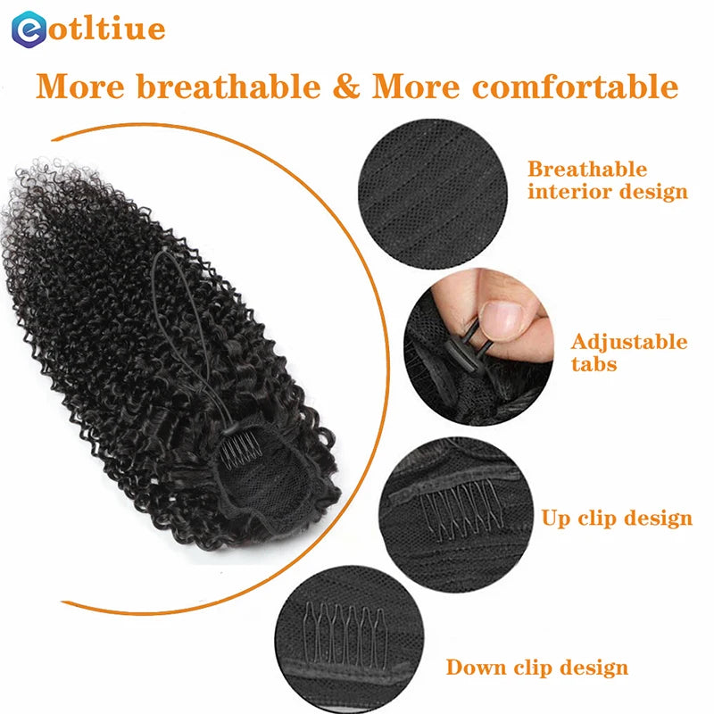 Kinky Curly Hair Extensions Drawstring Puff Ponytail Brazilian Real Human Hair Clip in Pony Tail African American Hair Extension